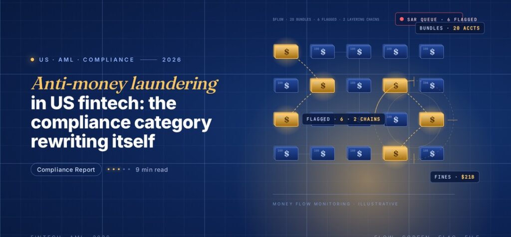 Editorial illustration of anti-money laundering detection, a grid of blue stacked dollar banknote bundles with two gold flagged layering chains of suspicious money linked by dashed paths, a compliance scanner reticle and SAR queue alert badge, dark navy gradient with two-tier grid overlay