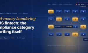 Editorial illustration of anti-money laundering detection, a grid of blue stacked dollar banknote bundles with two gold flagged layering chains of suspicious money linked by dashed paths, a compliance scanner reticle and SAR queue alert badge, dark navy gradient with two-tier grid overlay