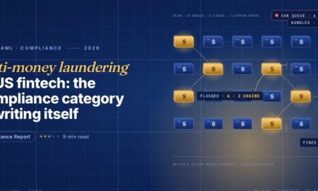 Editorial illustration of anti-money laundering detection, a grid of blue stacked dollar banknote bundles with two gold flagged layering chains of suspicious money linked by dashed paths, a compliance scanner reticle and SAR queue alert badge, dark navy gradient with two-tier grid overlay