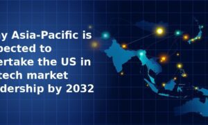 Dark navy blue map of Asia-Pacific with glowing amber dots connected by lines marking key fintech hub cities across India, Singapore, Japan and Australia on a grid overlay
