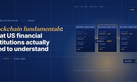 Editorial illustration of blockchain fundamentals, three linked navy block cards numbered 821450 through 821452 with headers showing previous hash, merkle root, timestamp and transaction count fields in monospaced hex, connected by gold SHA-256 arrows between each block