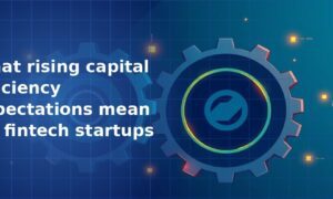 3D metallic gear cog with a glowing circular refresh icon in its centre and faded background gears on a navy blue gradient grid background, symbolising capital efficiency in fintech startups