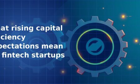 3D metallic gear cog with a glowing circular refresh icon in its centre and faded background gears on a navy blue gradient grid background, symbolising capital efficiency in fintech startups