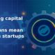 3D metallic gear cog with a glowing circular refresh icon in its centre and faded background gears on a navy blue gradient grid background, symbolising capital efficiency in fintech startups