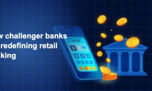 Illustration of a smartphone displaying a banking app next to a blue classical bank building with gold coins flying between them on a dark navy blue grid background