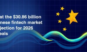 Illustration of gold stars arranged in a Chinese flag pattern with flowing teal wave lines across a deep navy blue grid background