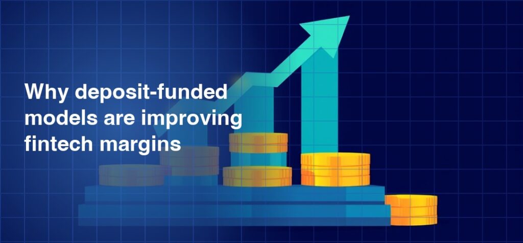 3D illustration of gold coin stacks on ascending blue platform steps with a large teal upward arrow rising above them on a dark navy blue grid background, representing improving fintech margins
