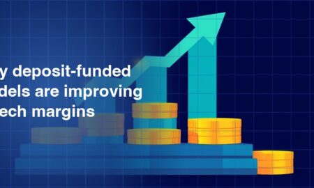 3D illustration of gold coin stacks on ascending blue platform steps with a large teal upward arrow rising above them on a dark navy blue grid background, representing improving fintech margins