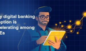 Illustration of a man with glasses holding a glowing gold tablet with amber network nodes and connecting lines emanating from it on a dark navy blue grid background