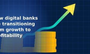 Illustration of a tall gold coin stack with a teal-to-gold upward-trending arrow rising from it and a smaller grey coin stack in the background on a dark navy blue grid background