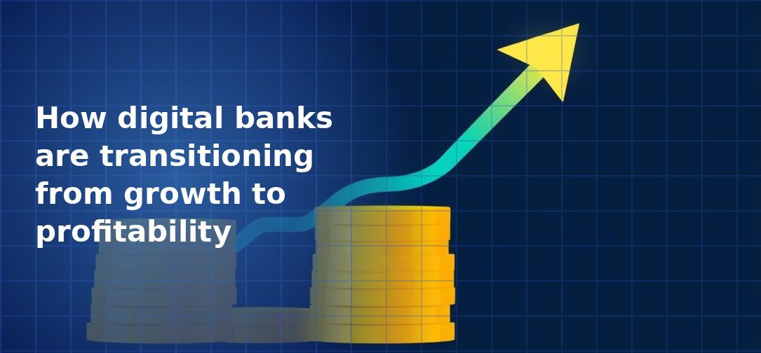 Illustration of a tall gold coin stack with a teal-to-gold upward-trending arrow rising from it and a smaller grey coin stack in the background on a dark navy blue grid background