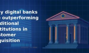 Illustration of a classical neoclassical bank building with stone columns and a gold clock on its pediment lit with warm amber light inside, with a glass office tower in the background on a dark navy blue grid