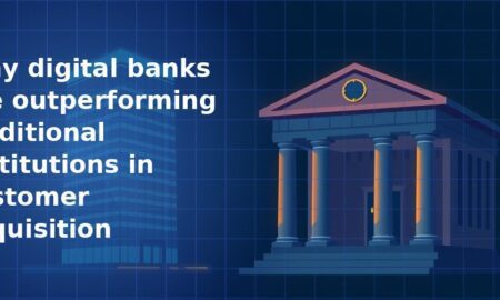 Illustration of a classical neoclassical bank building with stone columns and a gold clock on its pediment lit with warm amber light inside, with a glass office tower in the background on a dark navy blue grid