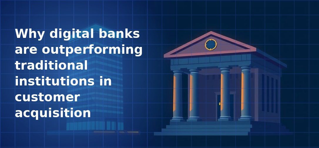 Illustration of a classical neoclassical bank building with stone columns and a gold clock on its pediment lit with warm amber light inside, with a glass office tower in the background on a dark navy blue grid