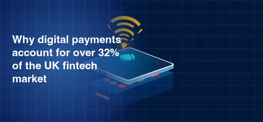3D illustration of a payment terminal lying flat on a dark navy blue grid background with golden NFC contactless payment signal waves emanating upward from it