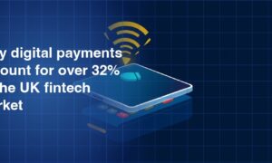 3D illustration of a payment terminal lying flat on a dark navy blue grid background with golden NFC contactless payment signal waves emanating upward from it