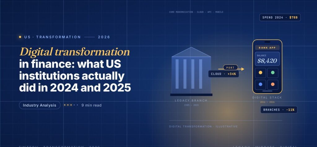 Editorial illustration of digital transformation in finance, a classical blue bank building labelled Legacy Branch on the left, a gold PORT arrow with a pixel dissolve effect in the middle, and a smartphone on the right showing a digital Bank App interface with balance and tile icons