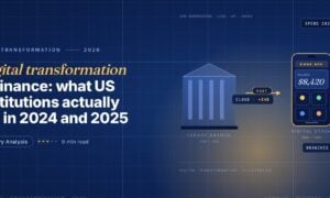 Editorial illustration of digital transformation in finance, a classical blue bank building labelled Legacy Branch on the left, a gold PORT arrow with a pixel dissolve effect in the middle, and a smartphone on the right showing a digital Bank App interface with balance and tile icons