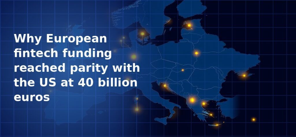 Dark navy blue map of Europe with glowing gold dots marking major fintech hub cities across the continent on a grid overlay background