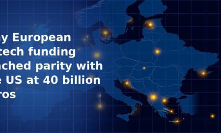 Dark navy blue map of Europe with glowing gold dots marking major fintech hub cities across the continent on a grid overlay background