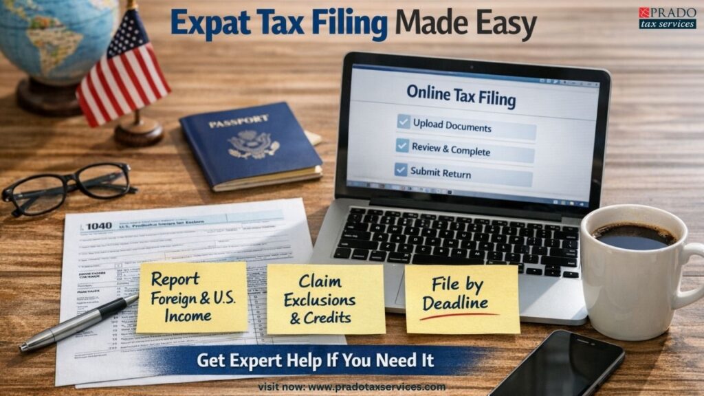 Alt-text: Expat tax filing setup with IRS Form 1040, laptop showing online tax filing steps, U.S. passport, and notes about reporting foreign income, claiming exclusions, and meeting tax deadlines