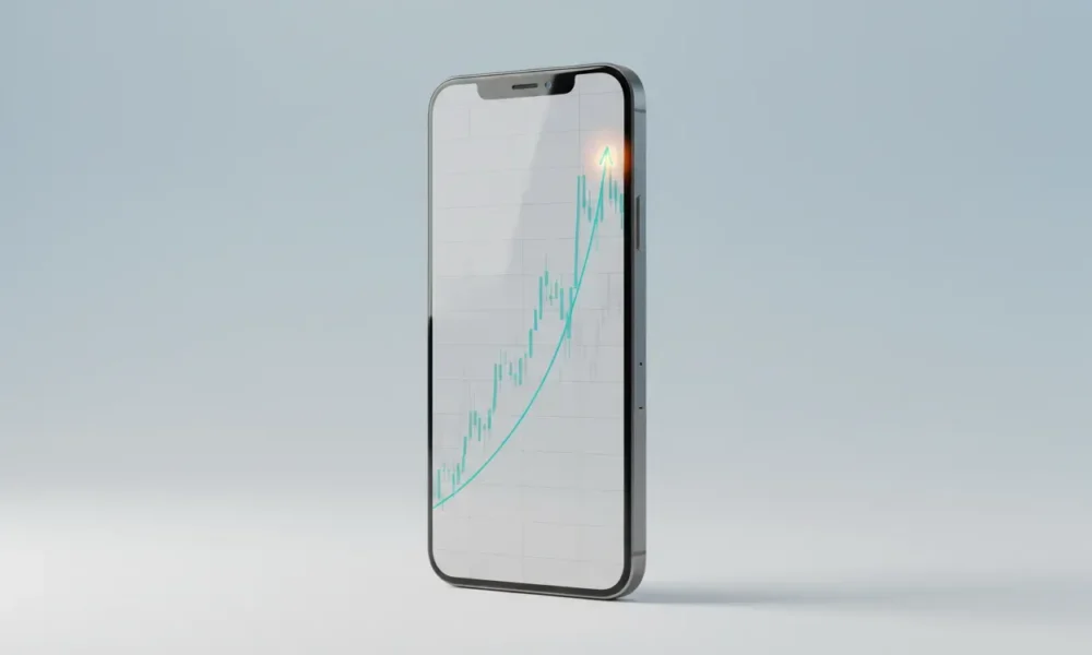 Sleek smartphone with an upward-trending financial chart on a soft gradient background, highlighting a breakout point.