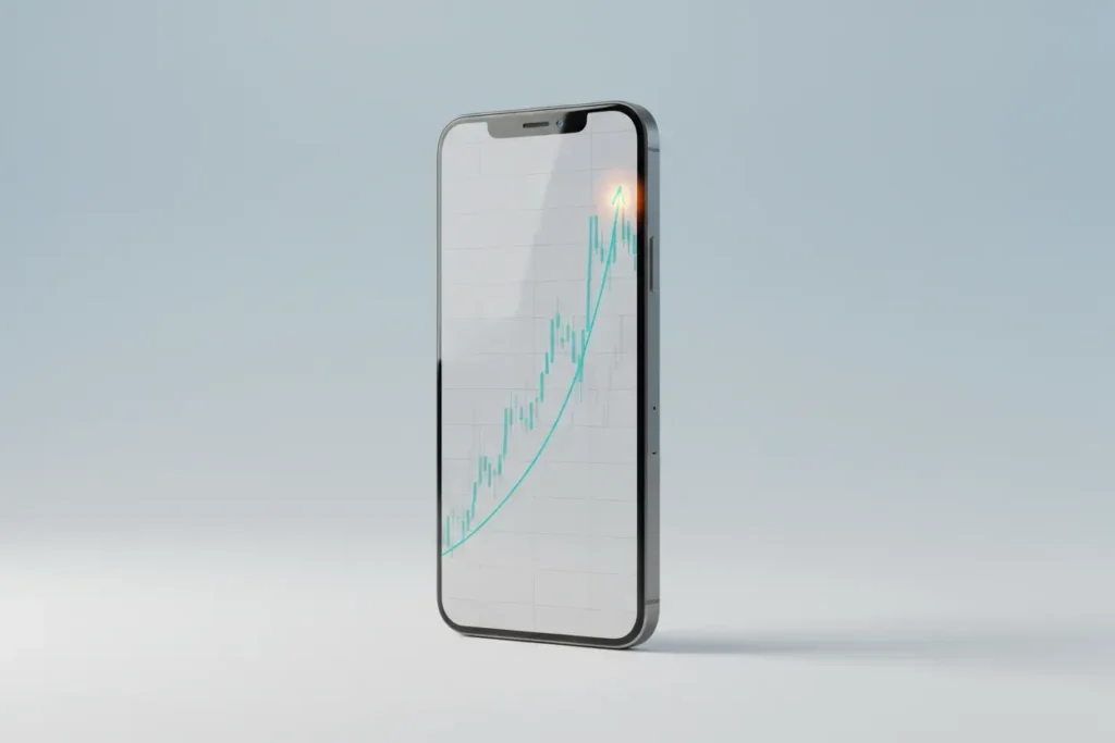 Sleek smartphone with an upward-trending financial chart on a soft gradient background, highlighting a breakout point.