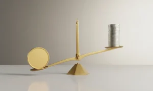 Minimal balance scale where one large gold coin outweighs a stack of small silver coins on a neutral background.