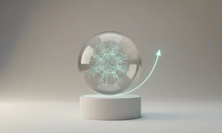 Glowing AI neural sphere above a simple rising chart on a neutral background, representing marketing productivity gains.