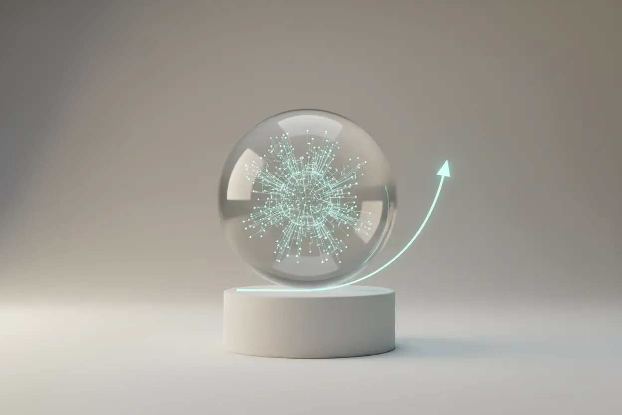 Glowing AI neural sphere above a simple rising chart on a neutral background, representing marketing productivity gains.