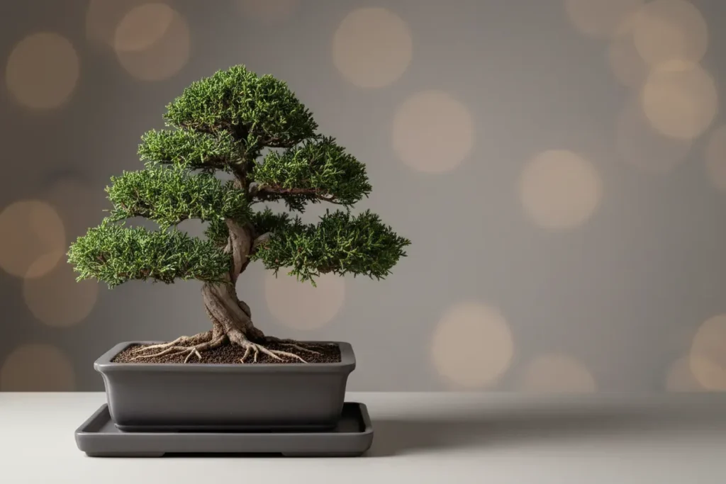 Bonsai on a matte tray with raked soil, against a soft gray background, symbolizing calm, focused decision-making.