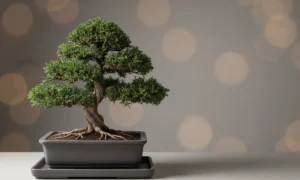 Bonsai on a matte tray with raked soil, against a soft gray background, symbolizing calm, focused decision-making.