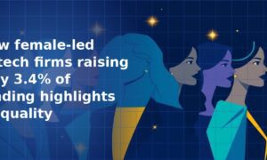 Stylised illustration of three women in profile in shades of blue and purple with gold clothing accents and sparkle stars on a dark navy blue grid background, representing female leadership in fintech