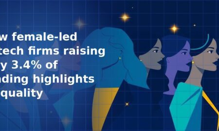 Stylised illustration of three women in profile in shades of blue and purple with gold clothing accents and sparkle stars on a dark navy blue grid background, representing female leadership in fintech
