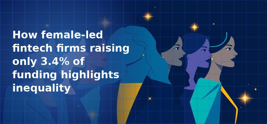 Stylised illustration of three women in profile in shades of blue and purple with gold clothing accents and sparkle stars on a dark navy blue grid background, representing female leadership in fintech
