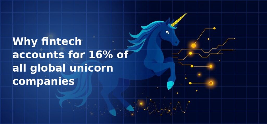 Illustration of a dark blue unicorn with a gold horn rearing up alongside glowing gold circuit lines and dots on a dark navy blue grid background, representing fintech unicorn companies