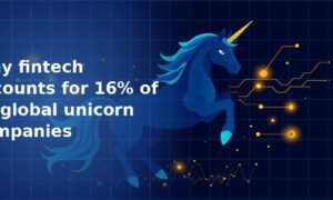 Illustration of a dark blue unicorn with a gold horn rearing up alongside glowing gold circuit lines and dots on a dark navy blue grid background, representing fintech unicorn companies