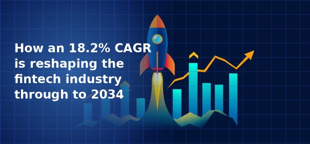 Illustration of a rocket launching past rising bar charts and a gold upward-trending line graph on a navy blue grid background, symbolising rapid fintech industry growth
