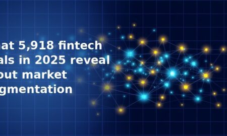 Scattered network of glowing blue and gold interconnected nodes linked by thin lines on a dark navy blue grid background, representing market fragmentation and deal activity