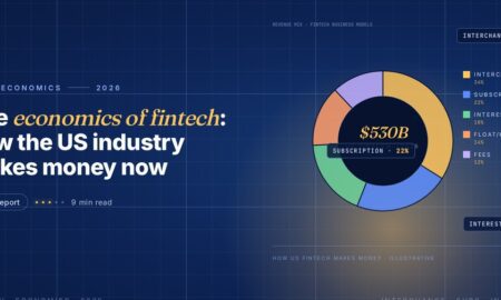 Editorial illustration of fintech revenue economics, a five-slice donut chart with gold interchange, blue subscription, green interest, orange float and violet fees segments, centre labelled $530B US Fintech 2025, with a legend listing percentages on the right