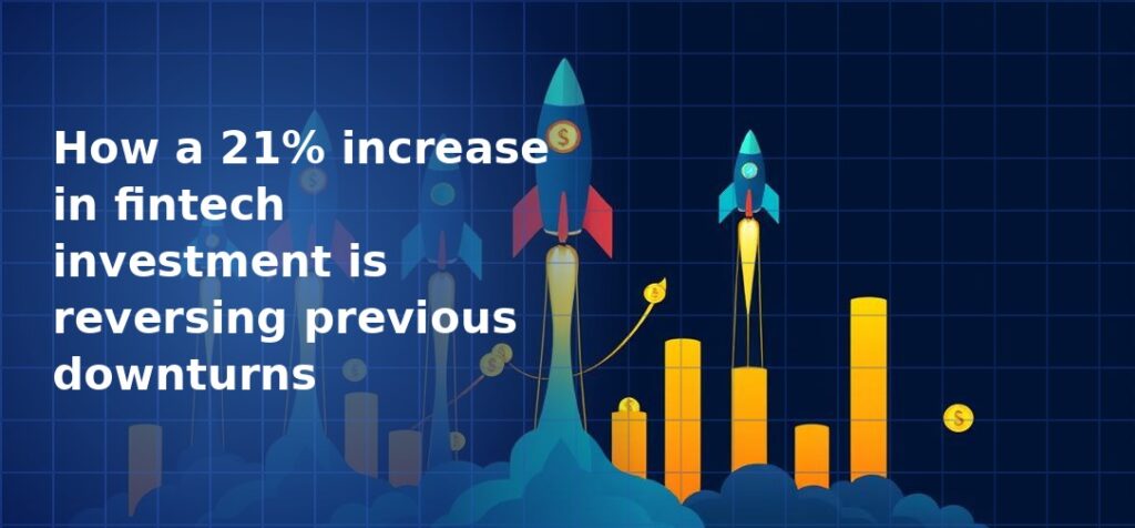 Illustration of two blue rockets launching alongside rising gold bar charts with floating dollar coins emerging from blue clouds on a dark navy blue grid background