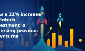 Illustration of two blue rockets launching alongside rising gold bar charts with floating dollar coins emerging from blue clouds on a dark navy blue grid background