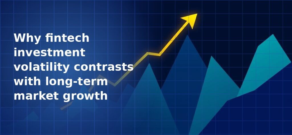 Jagged mountain-shaped blue area chart representing volatility with a bold gold upward-trending arrow rising above it on a dark navy blue grid background