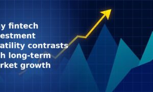 Jagged mountain-shaped blue area chart representing volatility with a bold gold upward-trending arrow rising above it on a dark navy blue grid background