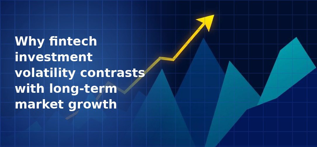 Jagged mountain-shaped blue area chart representing volatility with a bold gold upward-trending arrow rising above it on a dark navy blue grid background