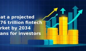 3D illustration of stacked gold coins and rising bar charts with multiple upward-trending arrows in gold and teal tones on a dark navy blue grid background