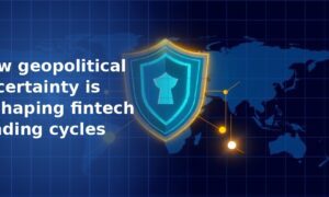 Glowing blue security shield with a gold border overlaid on a dark world map with gold connected dots on a navy blue grid background, symbolising geopolitical risk in fintech