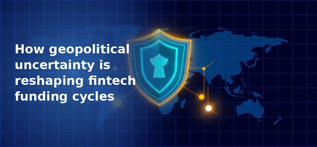 Glowing blue security shield with a gold border overlaid on a dark world map with gold connected dots on a navy blue grid background, symbolising geopolitical risk in fintech