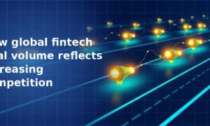 3D perspective illustration of rows of glowing amber nodes along converging teal data track lines stretching into the distance on a dark navy blue grid background, representing competitive fintech deal activity
