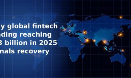 Dark navy blue world map with glowing amber dots marking major global fintech hub cities across Europe, the Middle East, Asia and Australia on a grid overlay